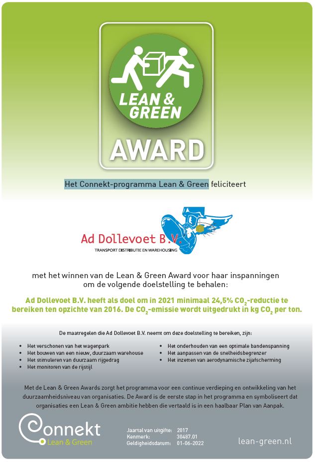 Dollevoet Nieuws - 2017 december lean and green award