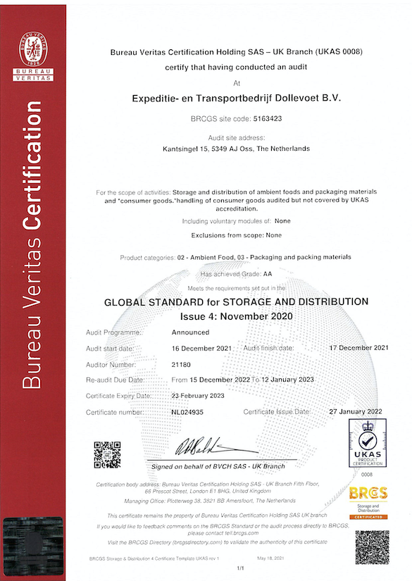 Certificaat NL024935 BRC SD Expeditie- en Transportbedrijf Dollevoet B.V.