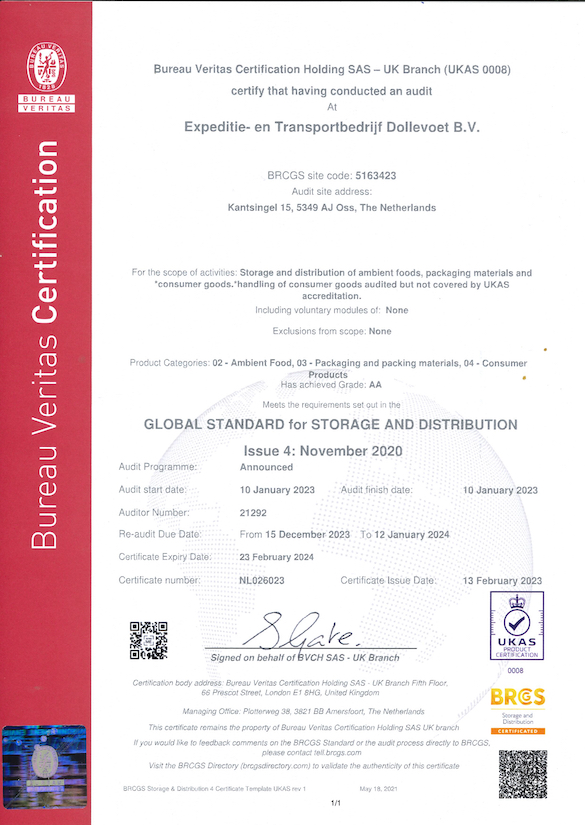 Certificaat BRC SD Expeditie- en Transportbedrijf Dollevoet B.V.