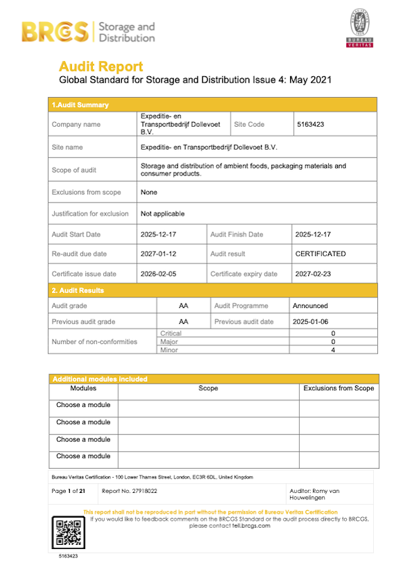BRCGS certificaat -Storage & Distribution - Dollevoet - 2026